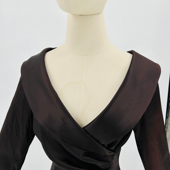Vintage 90s Kay Unger Chocolate Brown Satin Portrait Collar Cocktail Dress - Picture 2 of 6